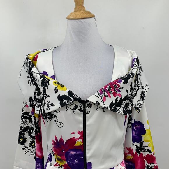 Joseph Ribkoff Jacket Womens 6 Multi Floral Full Zip Satin Cropped Layer Blazer - Picture 3 of 12